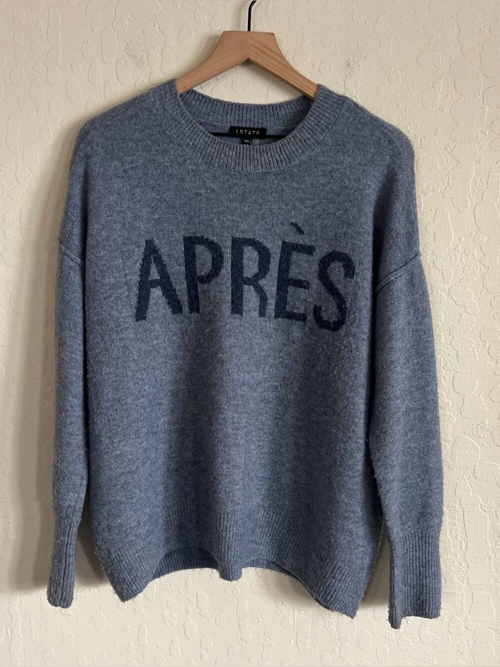 1. State Apres Oversized Crewneck Sweater XXS Blue Ski Skiing Novelty Graphic
